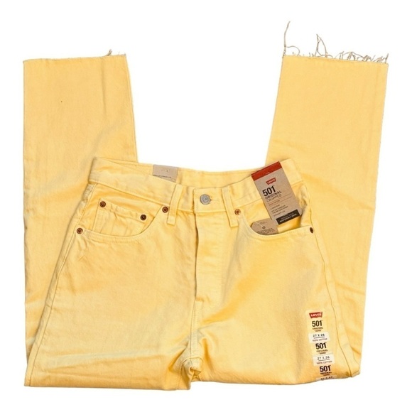 LEVI’S Cropped High Rise Straight Leg Raw Hem Yellow Jeans Size 27 NEW - Picture 4 of 10